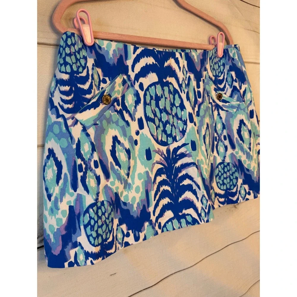 Lilly Pulitzer Pineapple Party Skort Blue Turquoise Ikat Gold Button Womens L